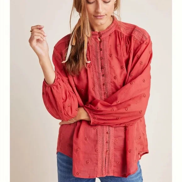Maeve by Anthropology Coral Embroidered Voile Augusta Peasant Blouse Top Large - Picture 1 of 14